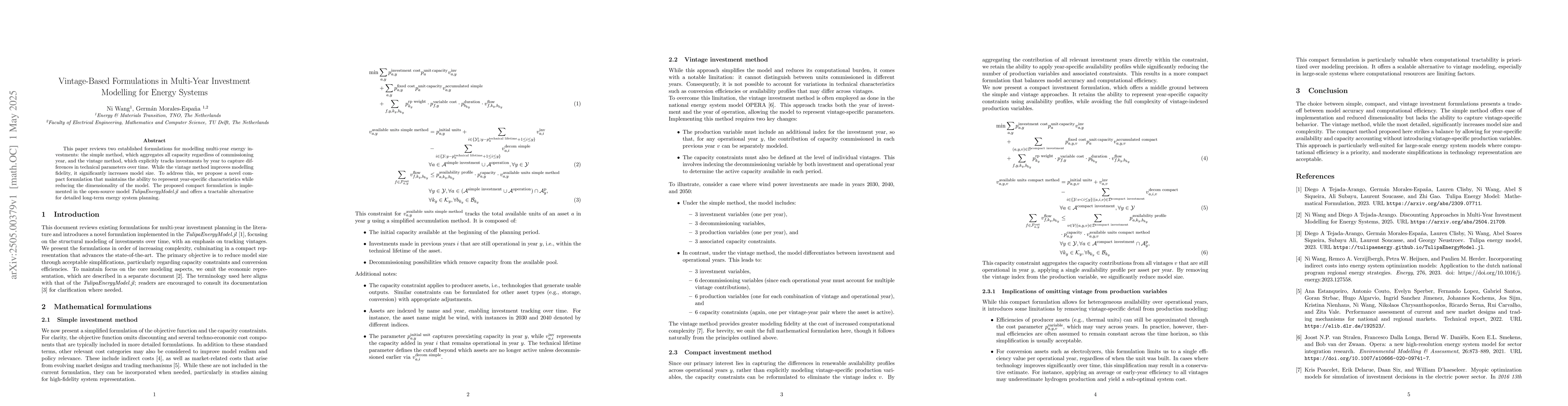 Thumbnail for Vintage-Based Formulations in Multi-Year Investment Modelling for Energy
  Systems