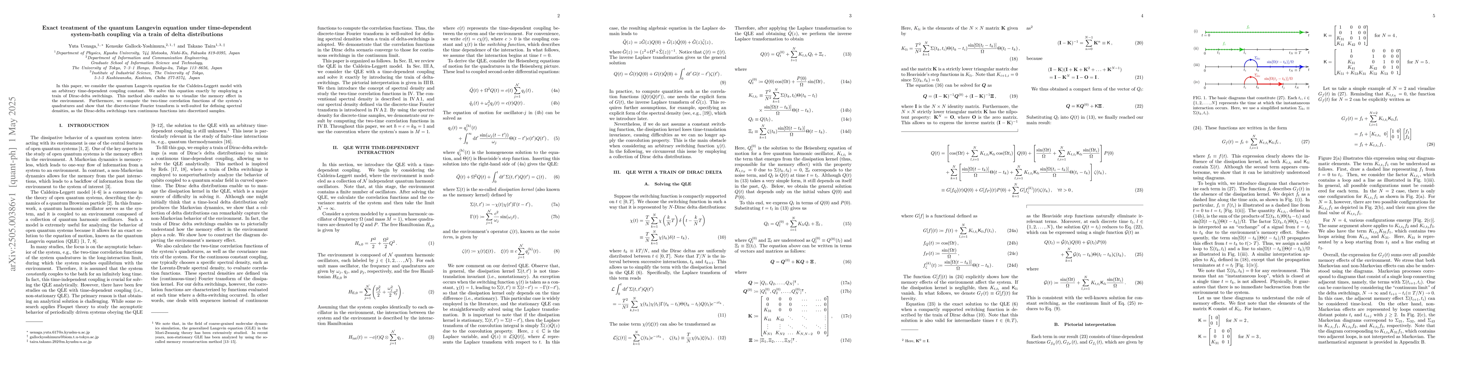 Thumbnail for Exact treatment of the quantum Langevin equation under time-dependent
  system-bath coupling via a train of delta distributions