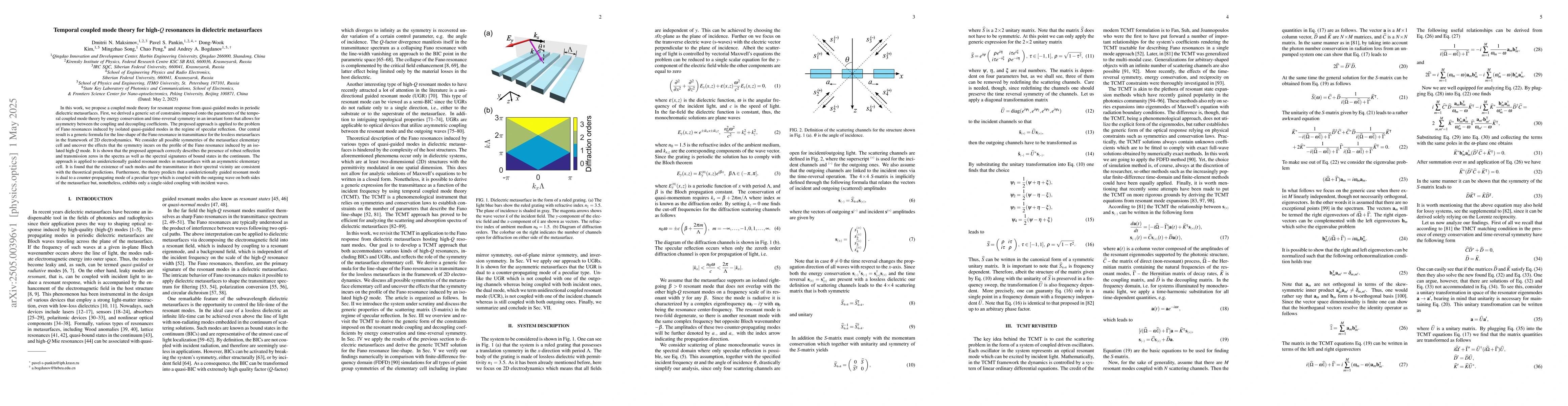 Thumbnail for Temporal coupled mode theory for high-$Q$ resonances in dielectric
  metasurfaces