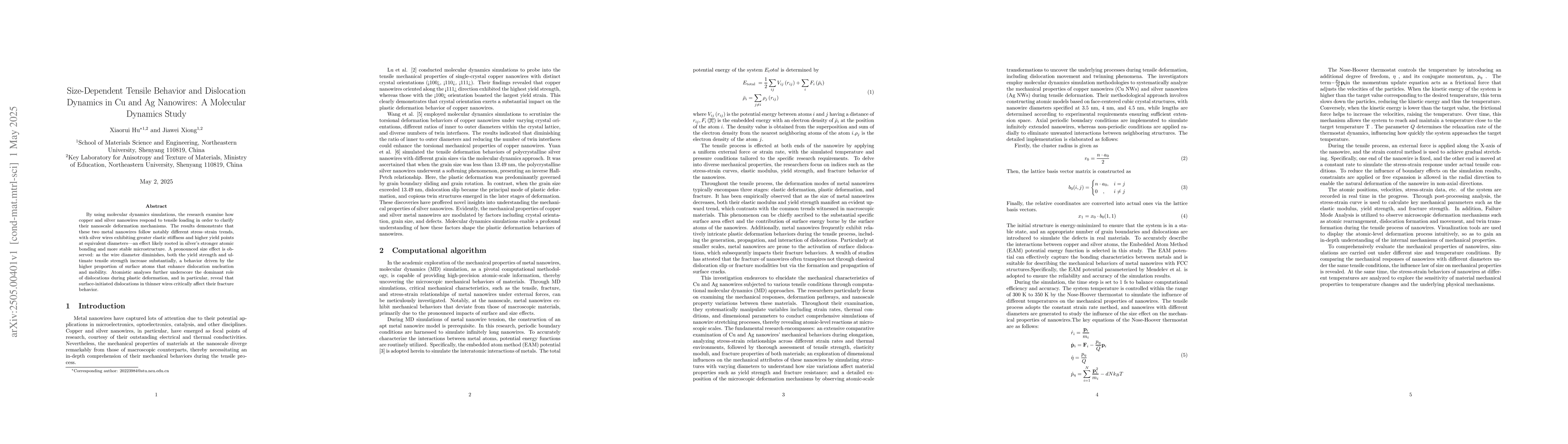 Thumbnail for Size-Dependent Tensile Behavior and Dislocation Dynamics in Cu and Ag
  Nanowires: A Molecular Dynamics Study