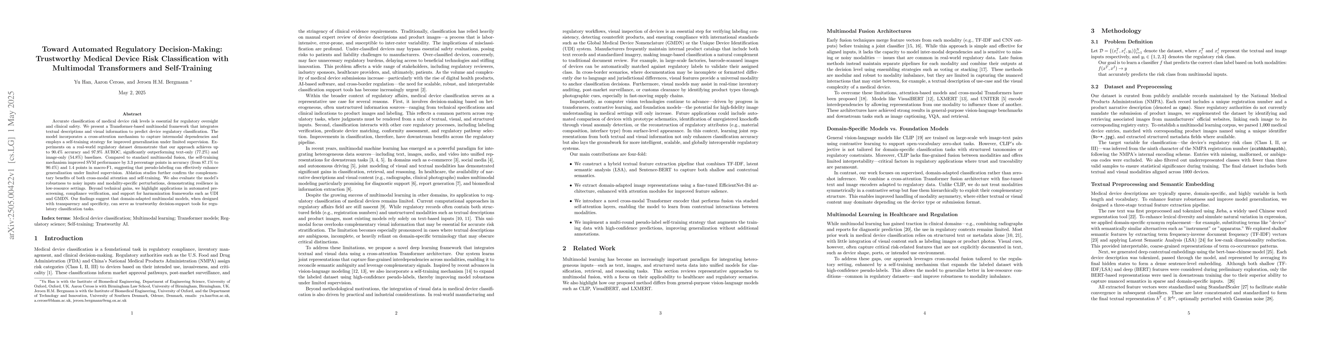 Thumbnail for Toward Automated Regulatory Decision-Making: Trustworthy Medical Device
  Risk Classification with Multimodal Transformers and Self-Training