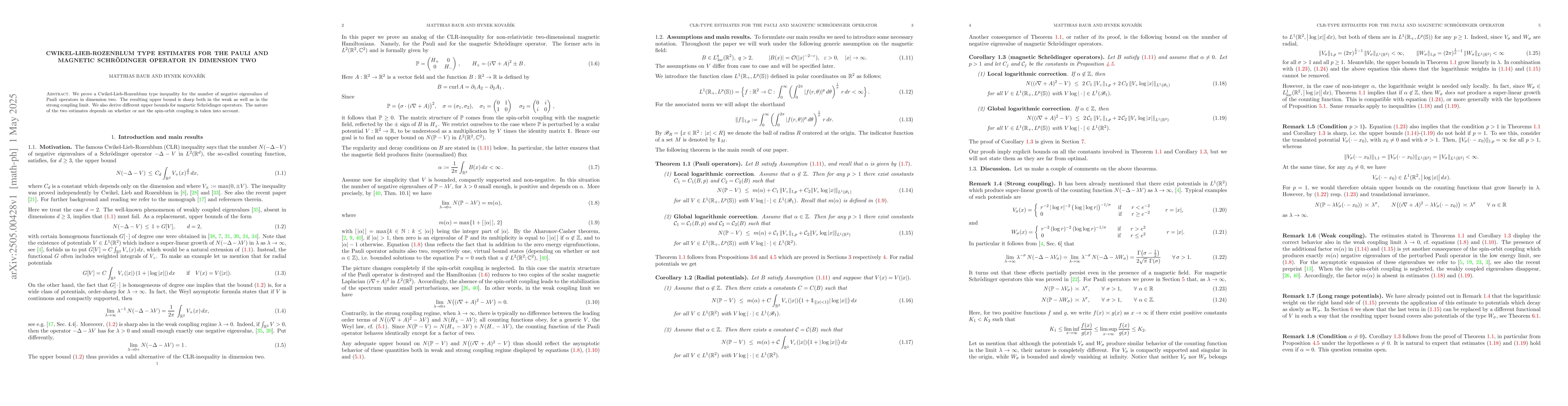 Thumbnail for Cwikel-Lieb-Rozenblum type estimates for the Pauli and magnetic
  Schrödinger operator in dimension two