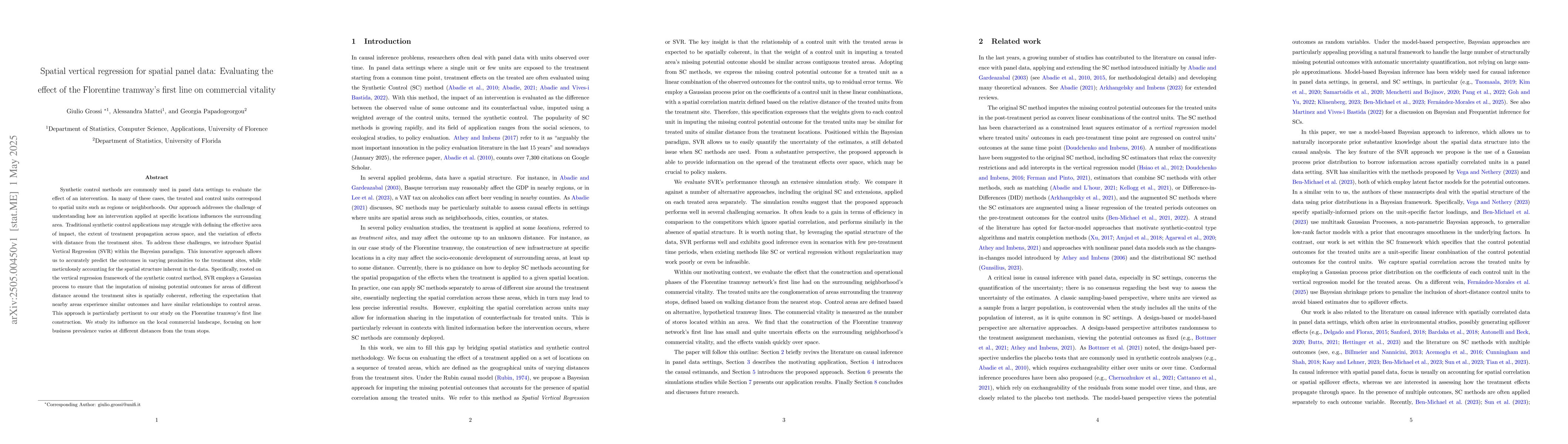Thumbnail for Spatial vertical regression for spatial panel data: Evaluating the
  effect of the Florentine tramway's first line on commercial vitality