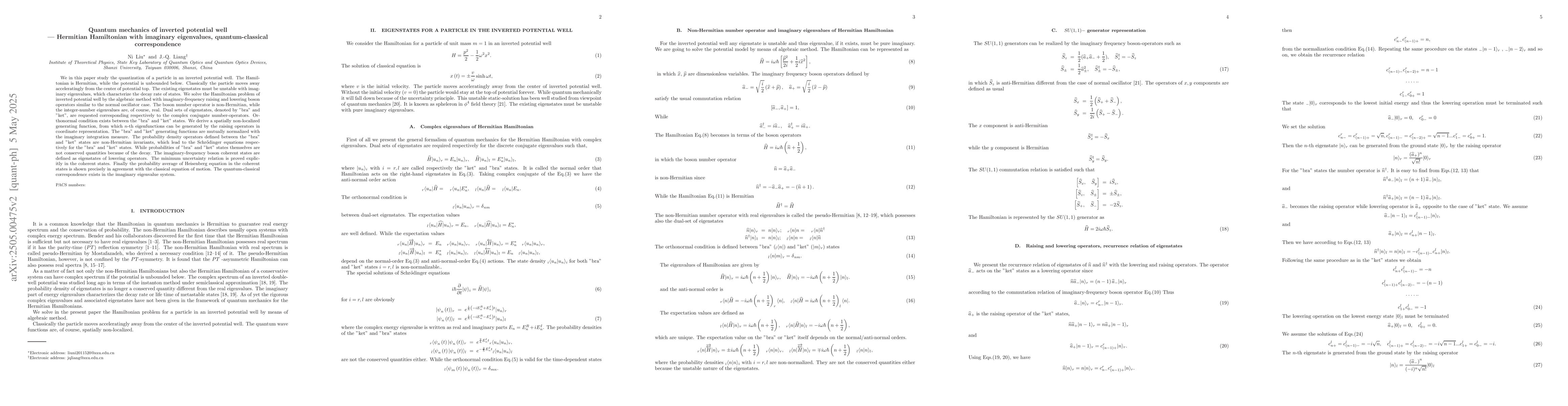 Thumbnail for Quantum mechanics of inverted potential well -- Hermitian Hamiltonian
  with imaginary eigenvalues, quantum-classical correspondence