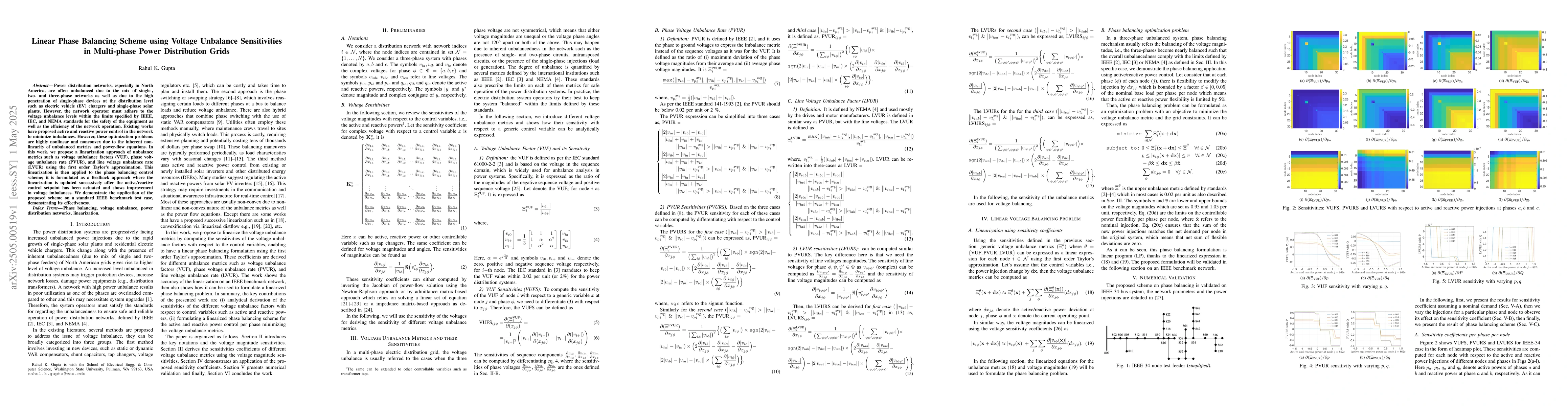 Thumbnail for Linear Phase Balancing Scheme using Voltage Unbalance Sensitivities in
  Multi-phase Power Distribution Grids