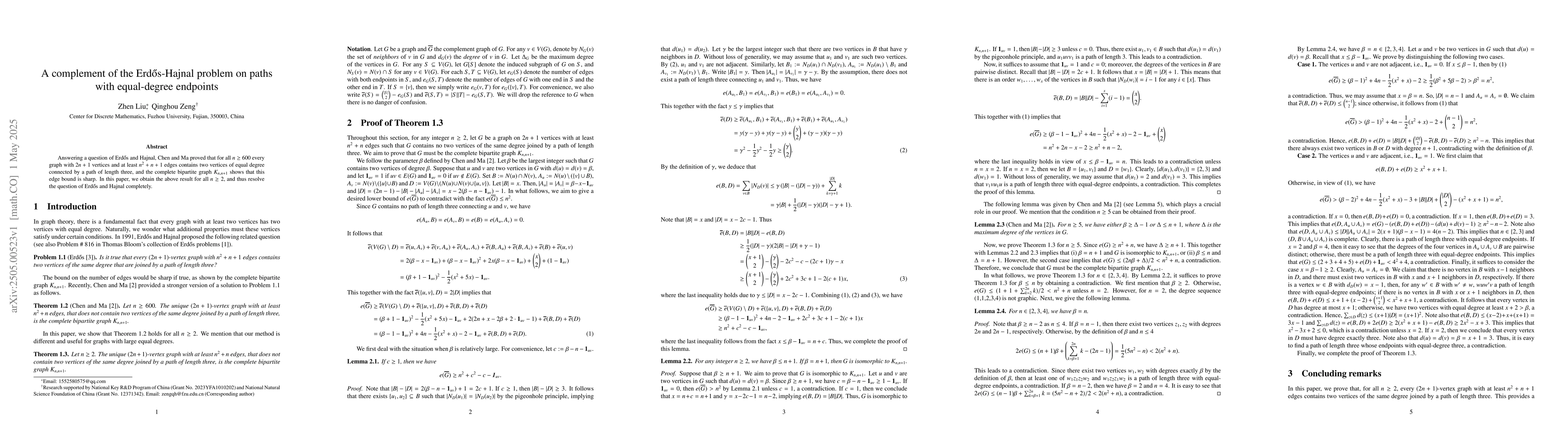 Thumbnail for A complement of the Erdős-Hajnal problem on paths with equal-degree
  endpoints