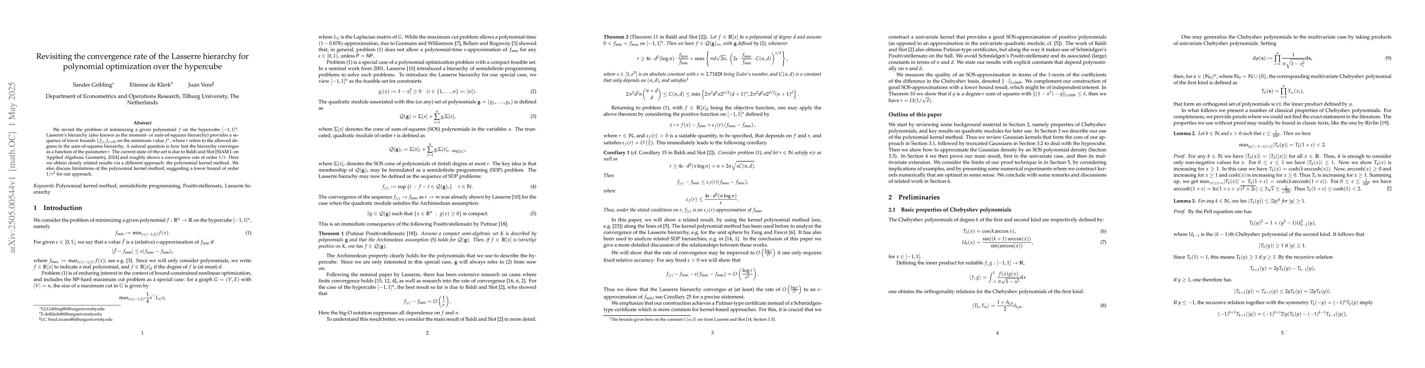 Thumbnail for Revisiting the convergence rate of the Lasserre hierarchy for polynomial
  optimization over the hypercube