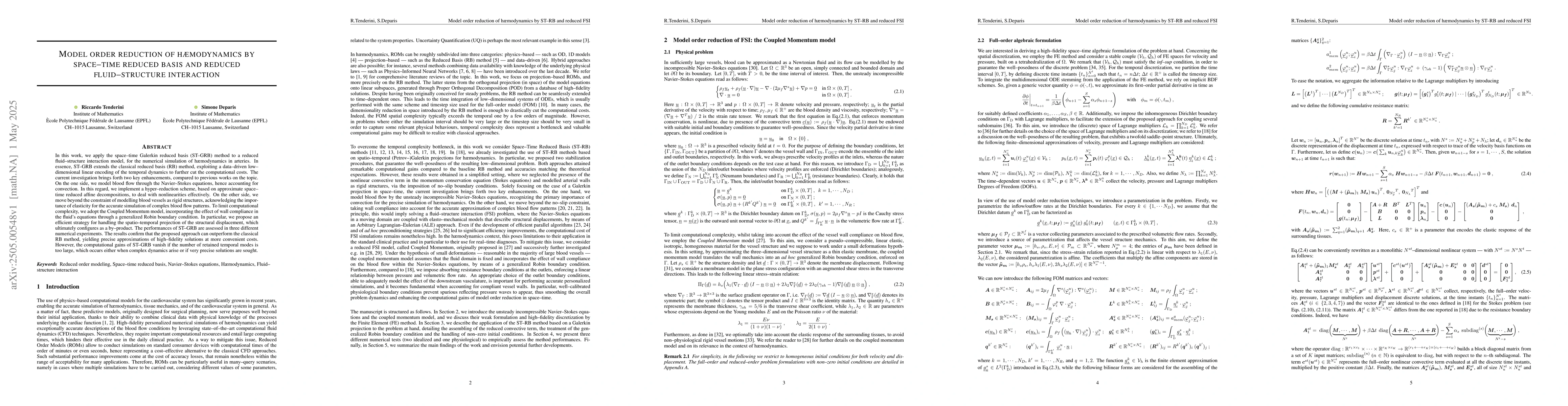 Thumbnail for Model order reduction of hemodynamics by space-time reduced basis and
  reduced fluid-structure interaction