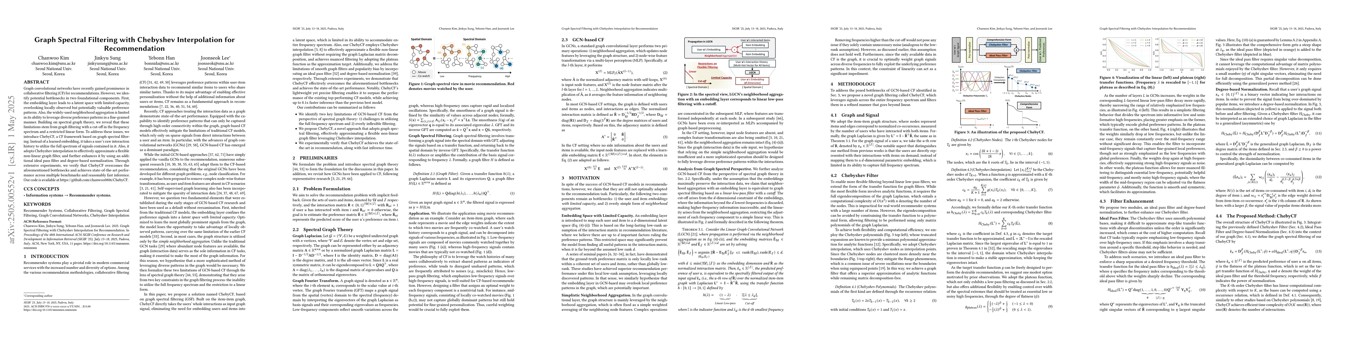 Thumbnail for Graph Spectral Filtering with Chebyshev Interpolation for Recommendation