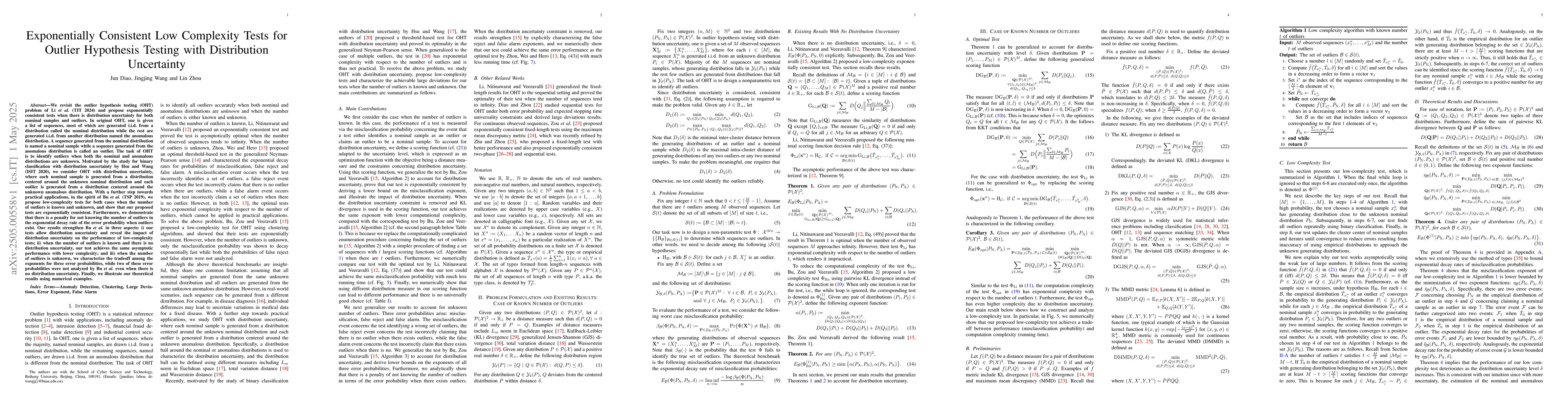 Thumbnail for Exponentially Consistent Low Complexity Tests for Outlier Hypothesis
  Testing with Distribution Uncertainty