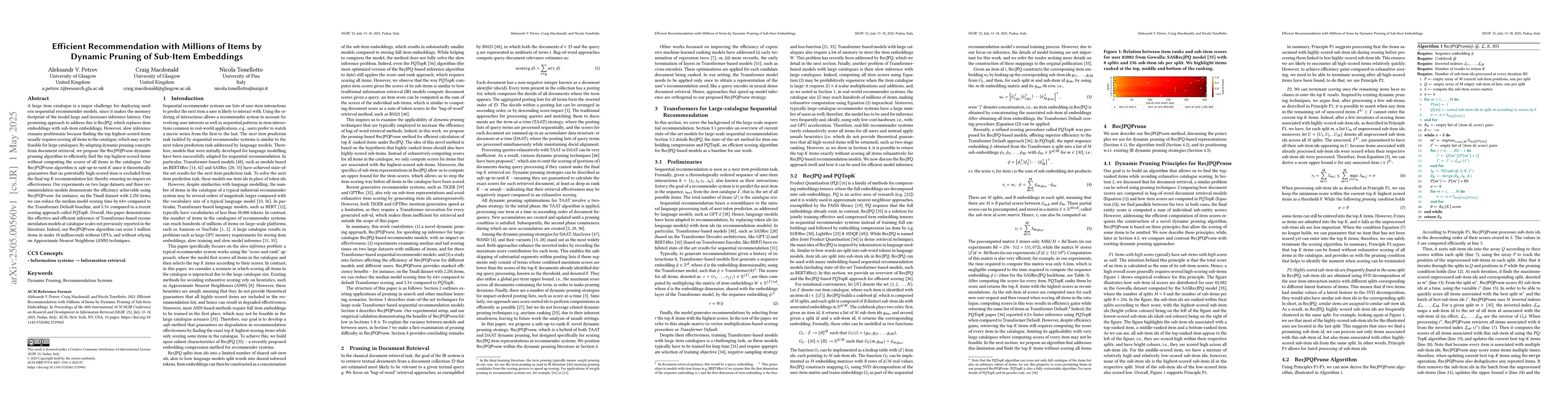 Thumbnail for Efficient Recommendation with Millions of Items by Dynamic Pruning of
  Sub-Item Embeddings