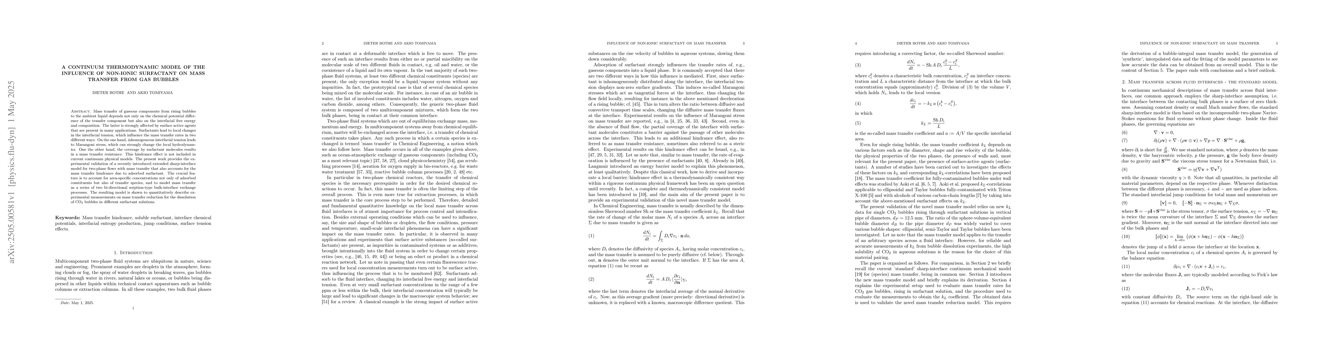 Thumbnail for A continuum thermodynamic model of the influence of non-ionic surfactant
  on mass transfer from gas bubbles