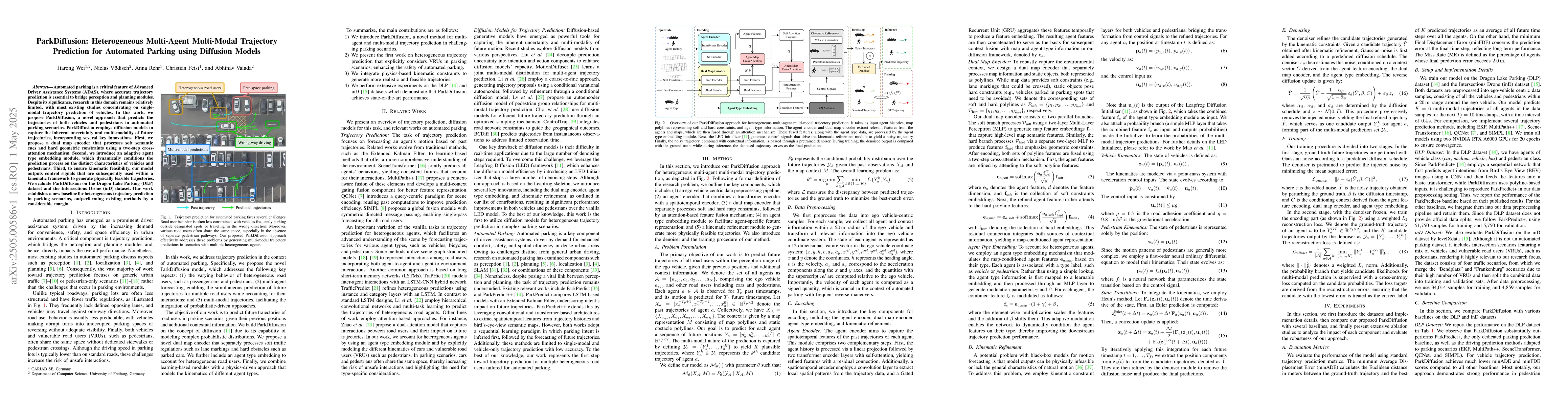 Thumbnail for ParkDiffusion: Heterogeneous Multi-Agent Multi-Modal Trajectory
  Prediction for Automated Parking using Diffusion Models
