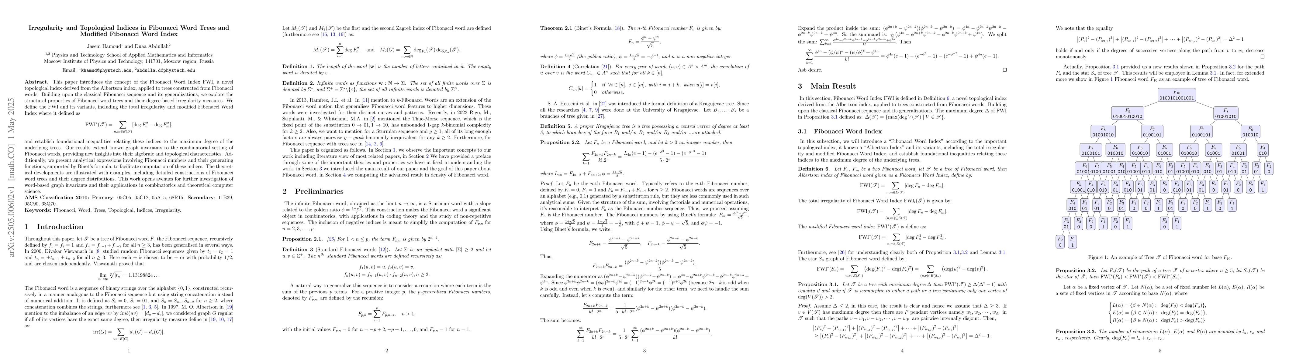 Thumbnail for Irregularity and Topological Indices in Fibonacci Word Trees and
  Modified Fibonacci Word Index