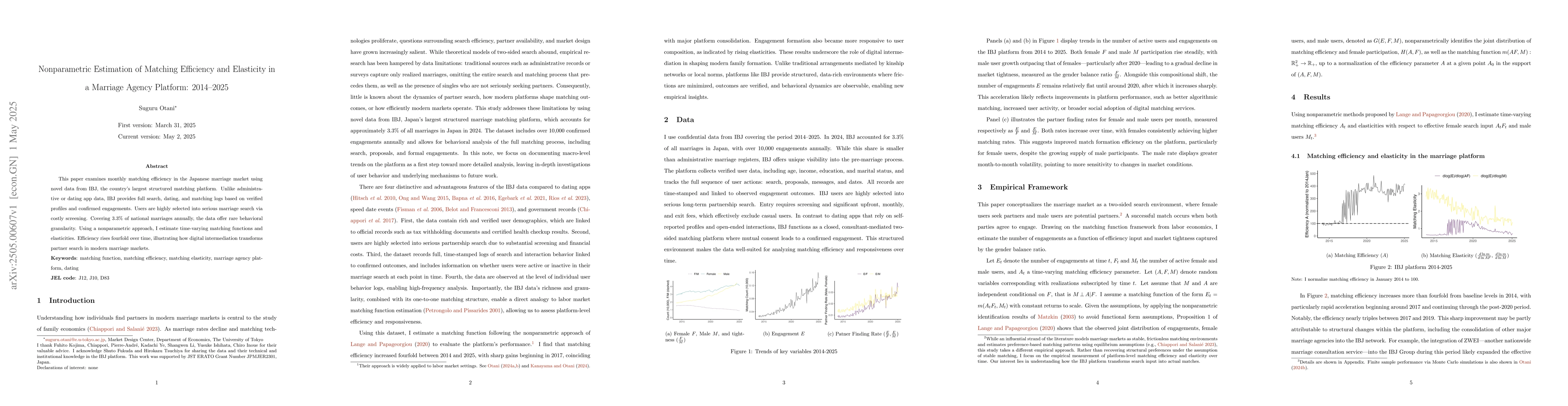 Thumbnail for Nonparametric Estimation of Matching Efficiency and Elasticity in a
  Marriage Agency Platform: 2014--2025