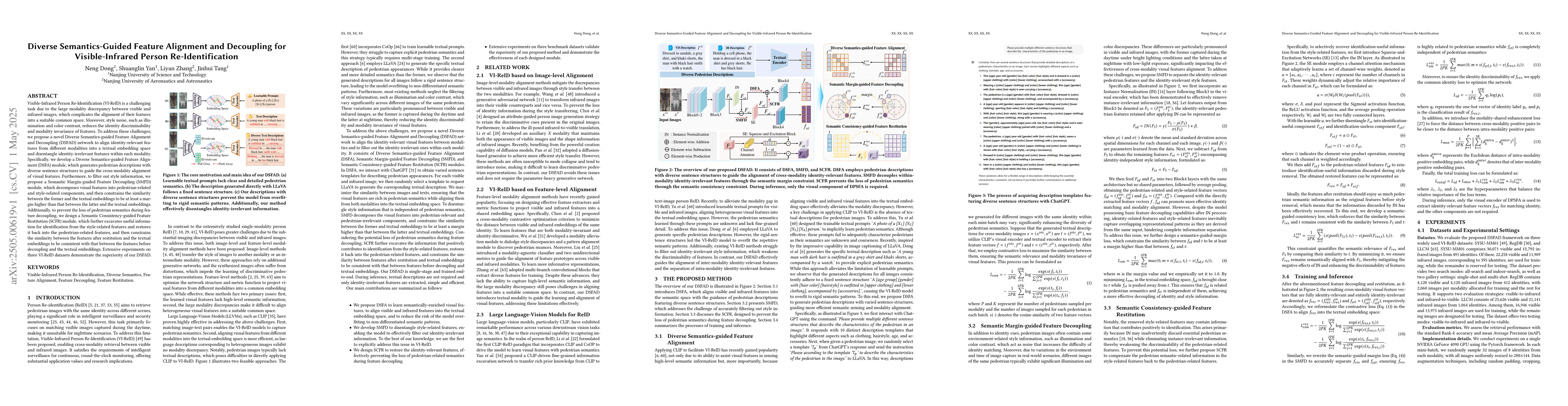 Thumbnail for Diverse Semantics-Guided Feature Alignment and Decoupling for
  Visible-Infrared Person Re-Identification