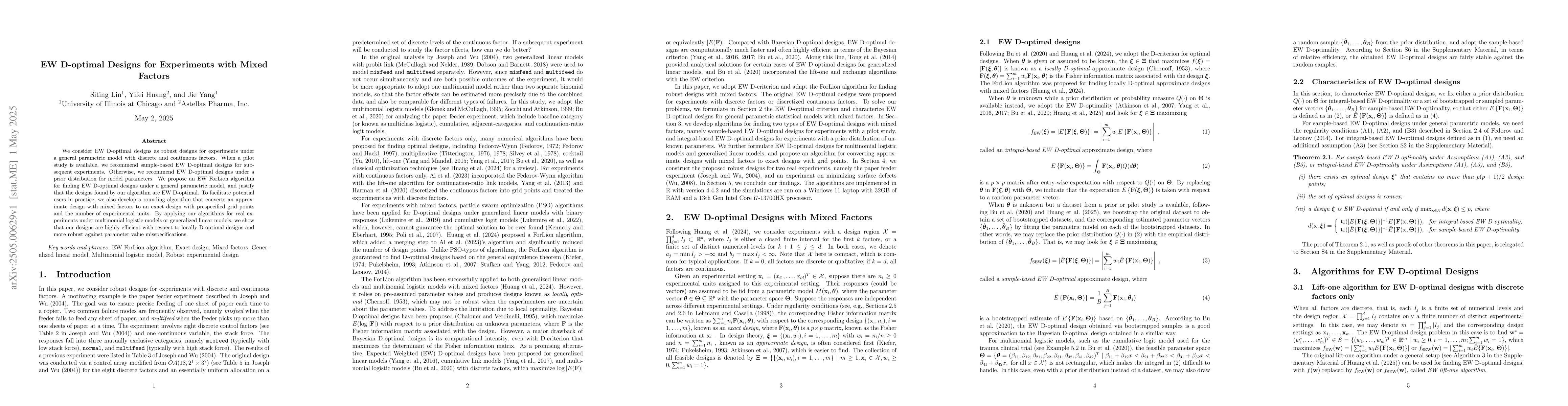 Thumbnail for EW D-optimal Designs for Experiments with Mixed Factors