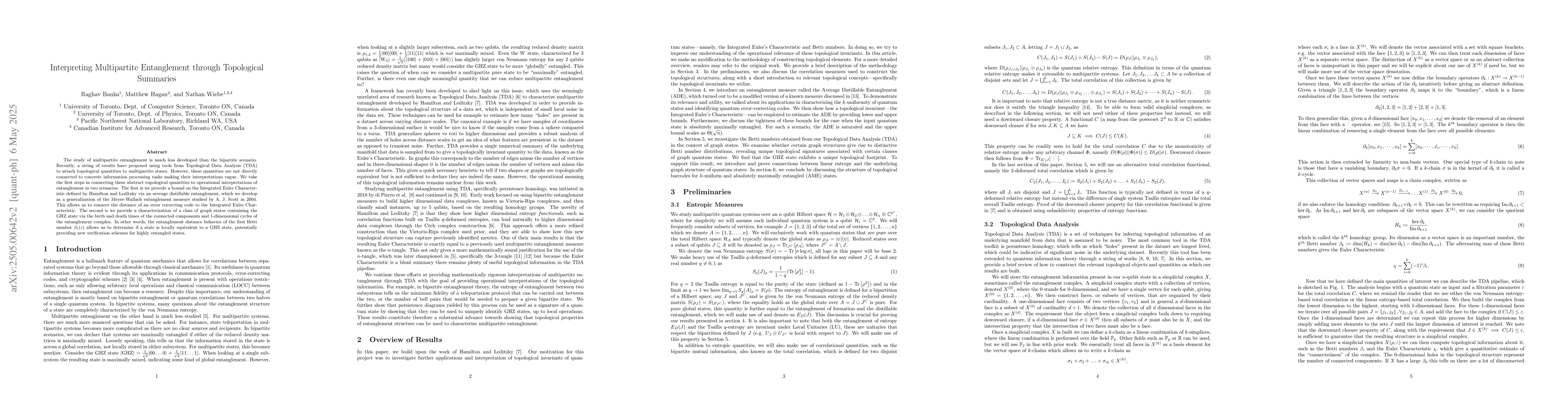 Thumbnail for Interpreting Multipartite Entanglement through Topological Summaries