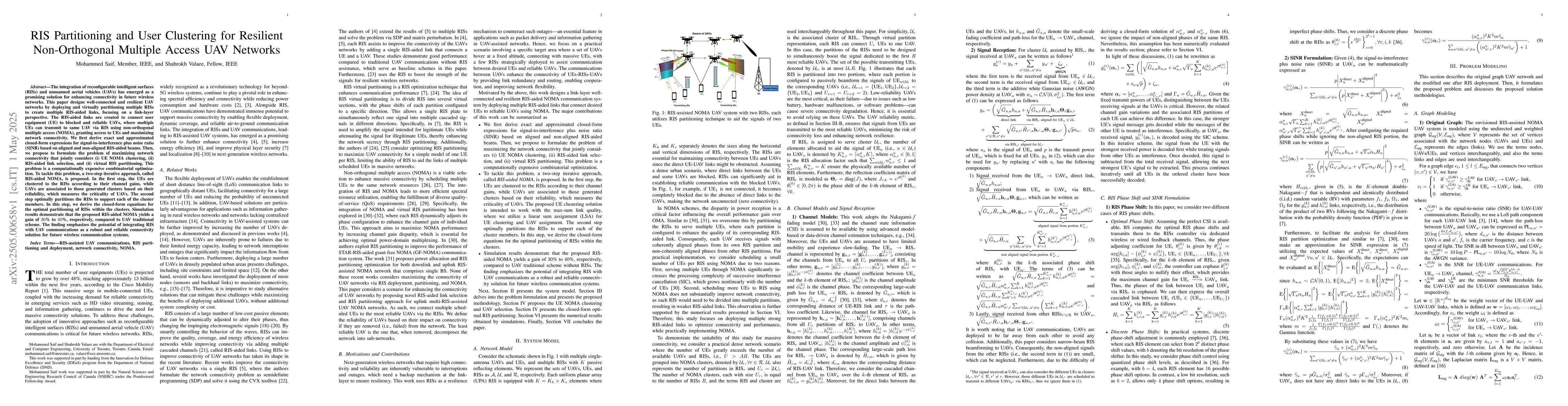 Thumbnail for RIS Partitioning and User Clustering for Resilient Non-Orthogonal
  Multiple Access UAV Networks