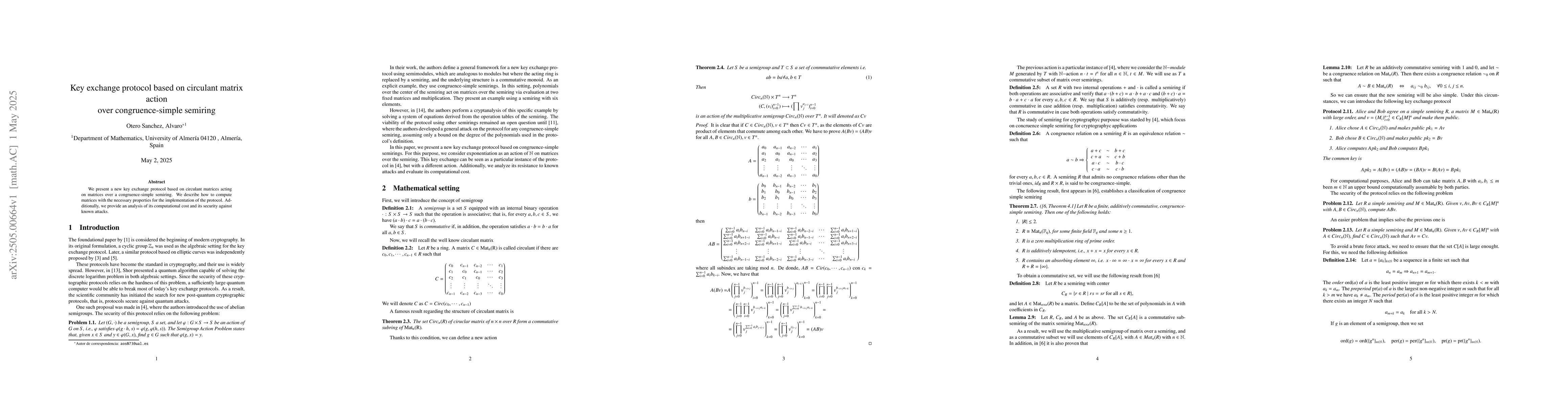 Thumbnail for Key exchange protocol based on circulant matrix action over
  congruence-simple semiring