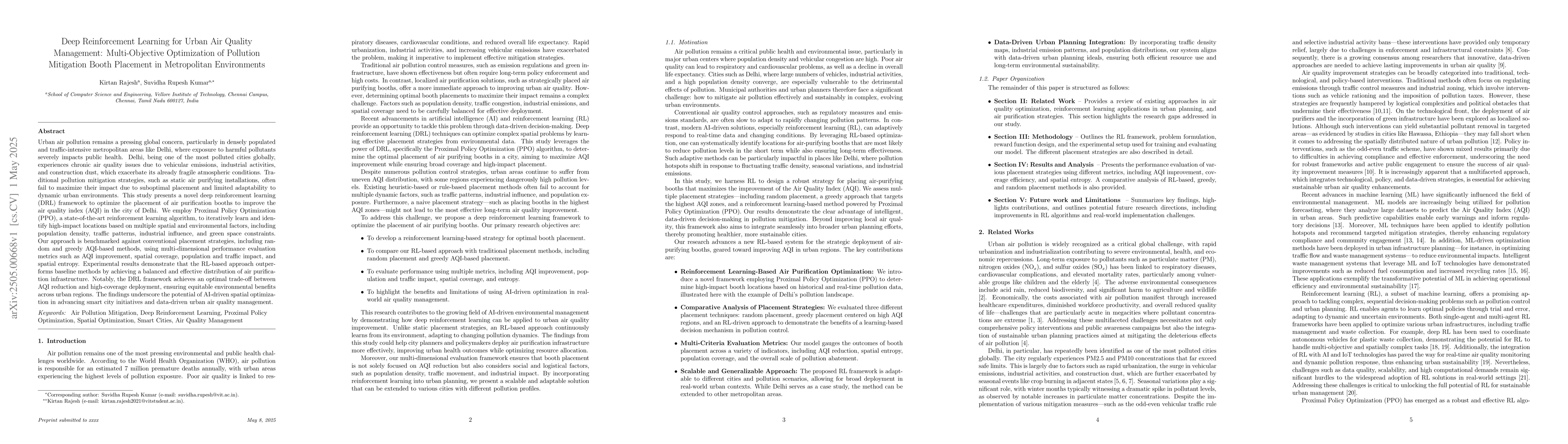 Thumbnail for Deep Reinforcement Learning for Urban Air Quality Management:
  Multi-Objective Optimization of Pollution Mitigation Booth Placement in
  Metropolitan Environments