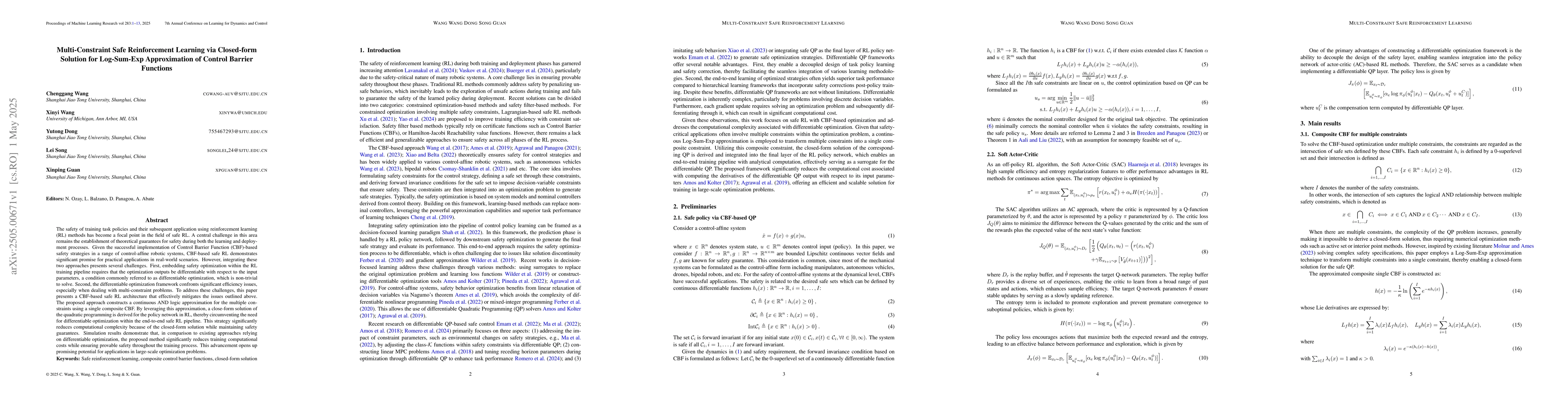 Thumbnail for Multi-Constraint Safe Reinforcement Learning via Closed-form Solution
  for Log-Sum-Exp Approximation of Control Barrier Functions