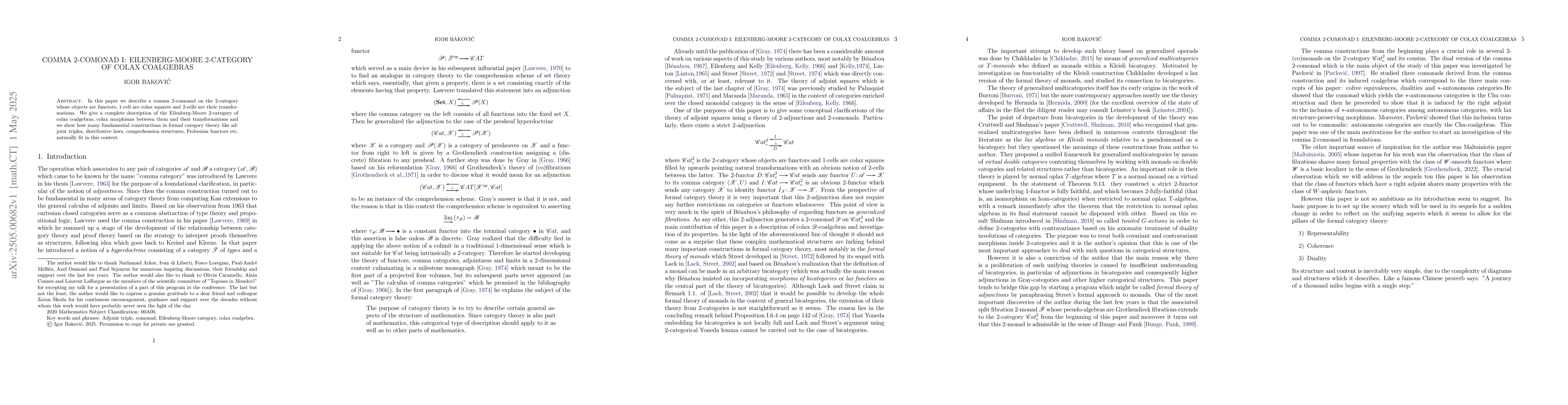 Thumbnail for Comma 2-comonad I: Eilenberg-Moore 2-category of colax coalgebras