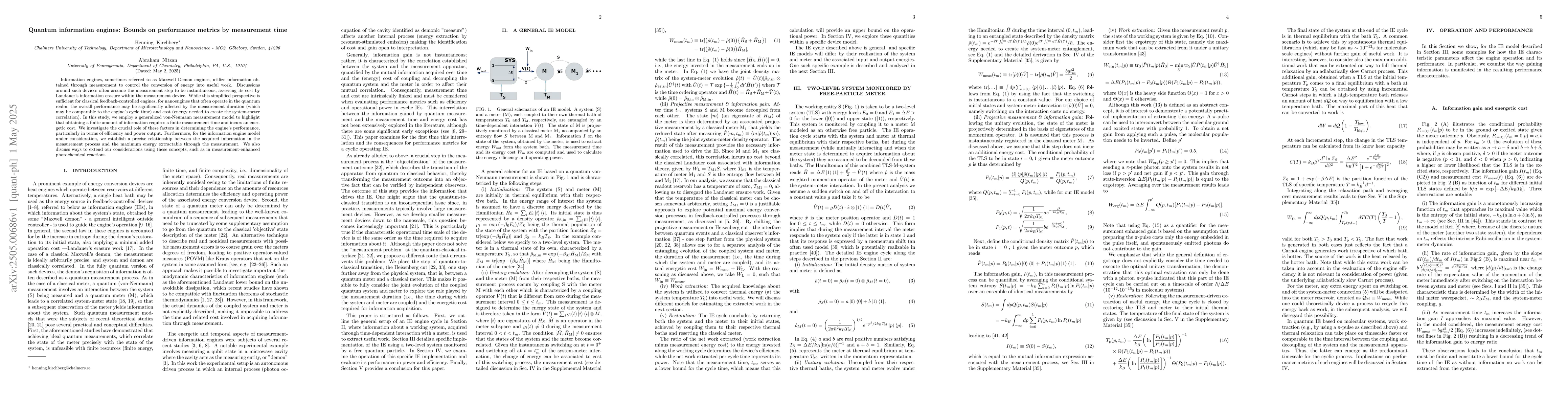 Thumbnail for Quantum information engines: Bounds on performance metrics by
  measurement time
