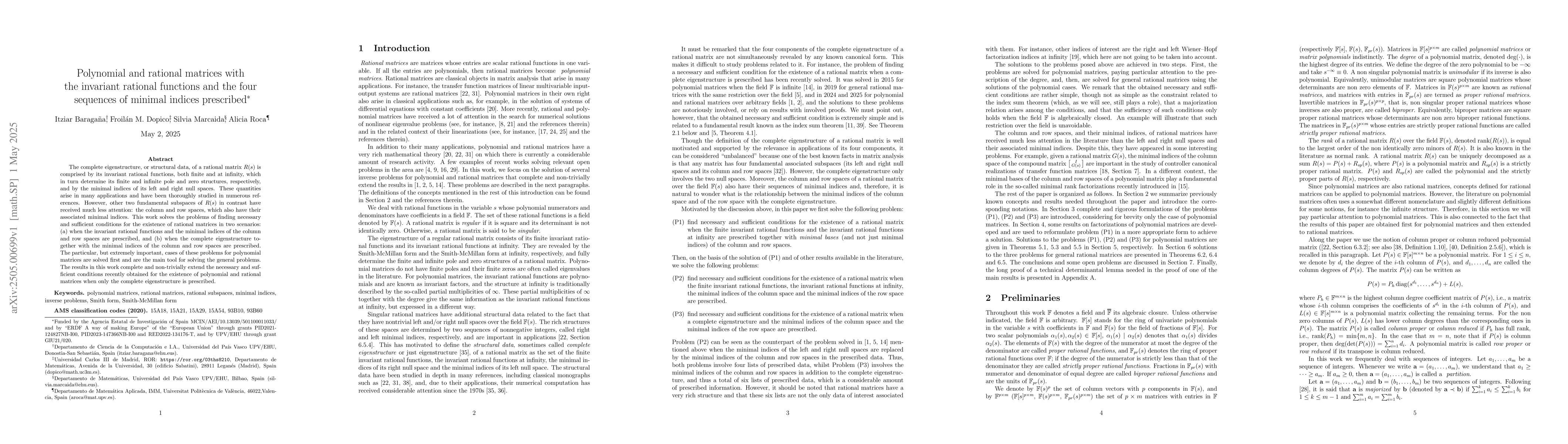 Thumbnail for Polynomial and rational matrices with the invariant rational functions
  and the four sequences of minimal indices prescribed