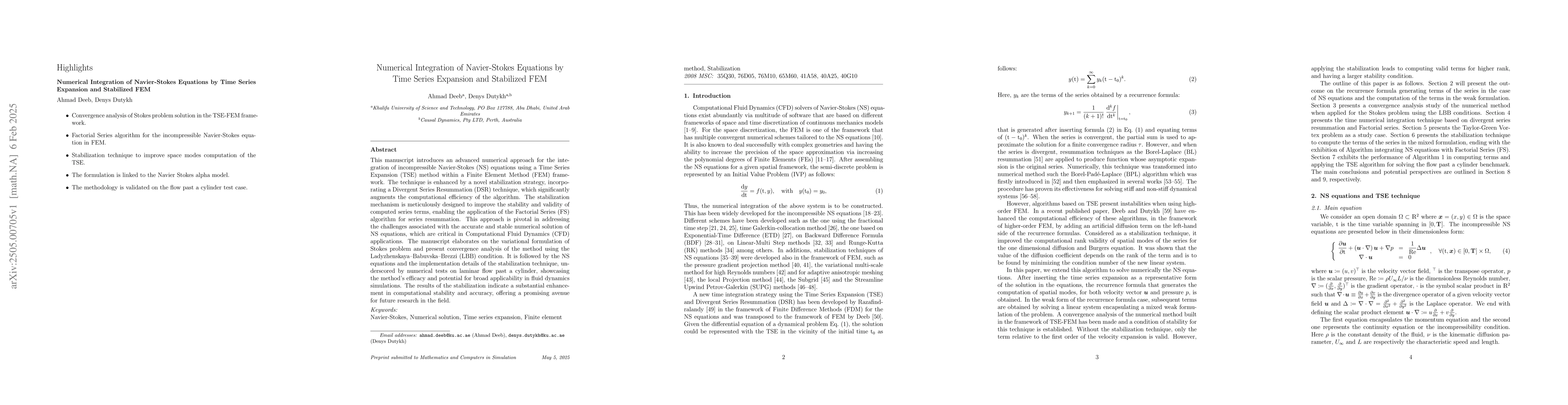 Thumbnail for Numerical Integration of Navier-Stokes Equations by Time Series
  Expansion and Stabilized FEM