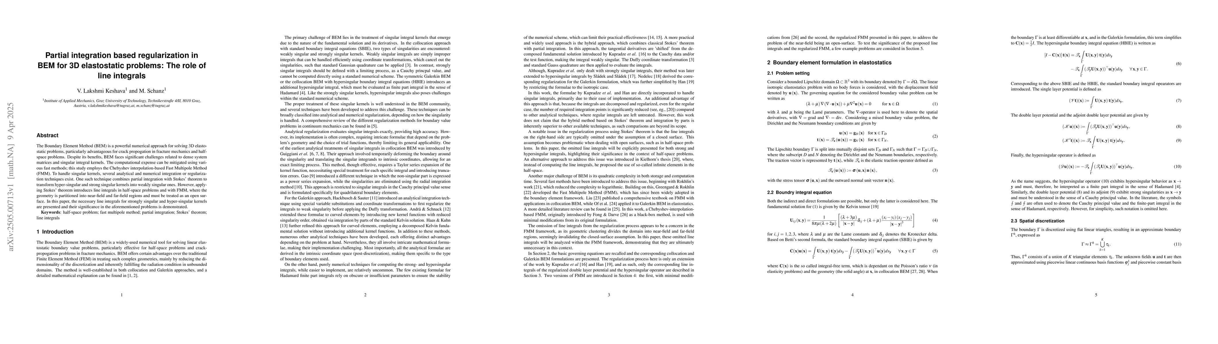 Thumbnail for Partial integration based regularization in BEM for 3D elastostatic
  problems: The role of line integrals