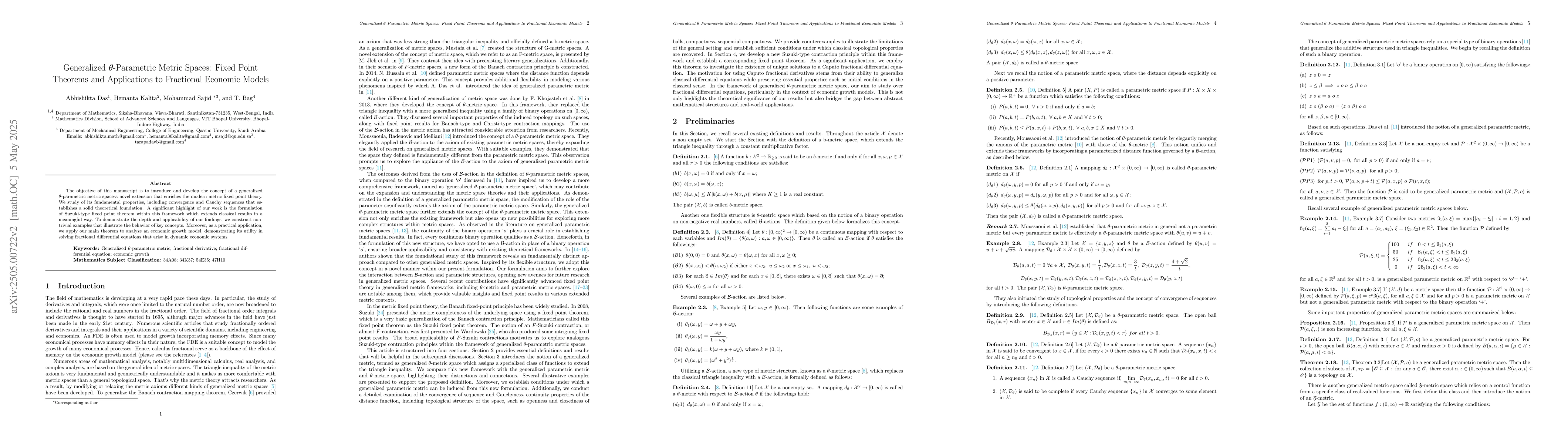 Thumbnail for Generalized $θ$-Parametric Metric Spaces: Fixed Point Theorems and
  Applications to Fractional Economic Models
