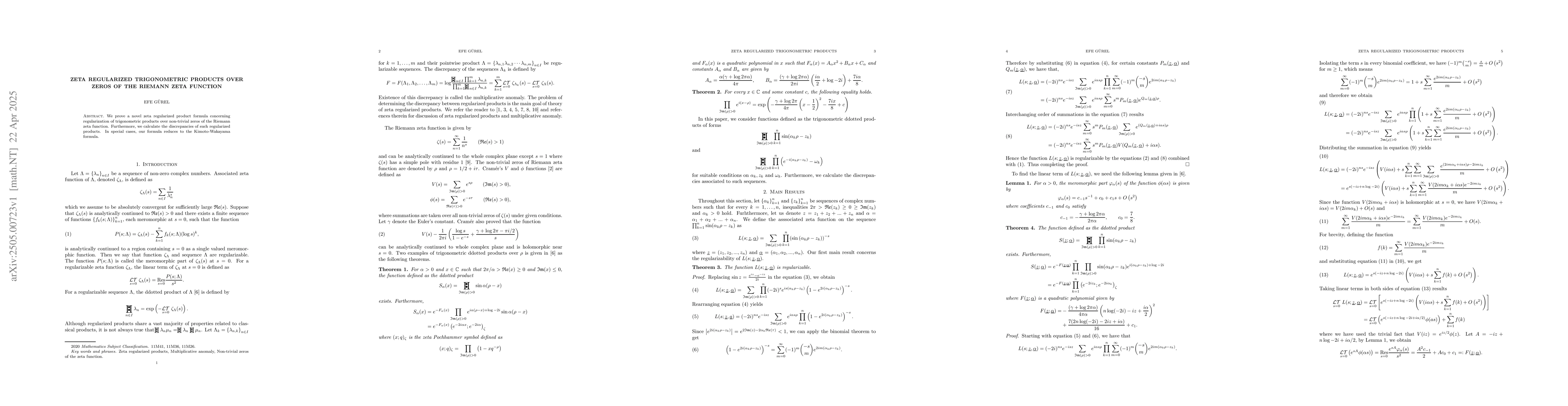Thumbnail for Zeta Regularized Trigonometric Products Over Zeros Of The Riemann Zeta
  Function