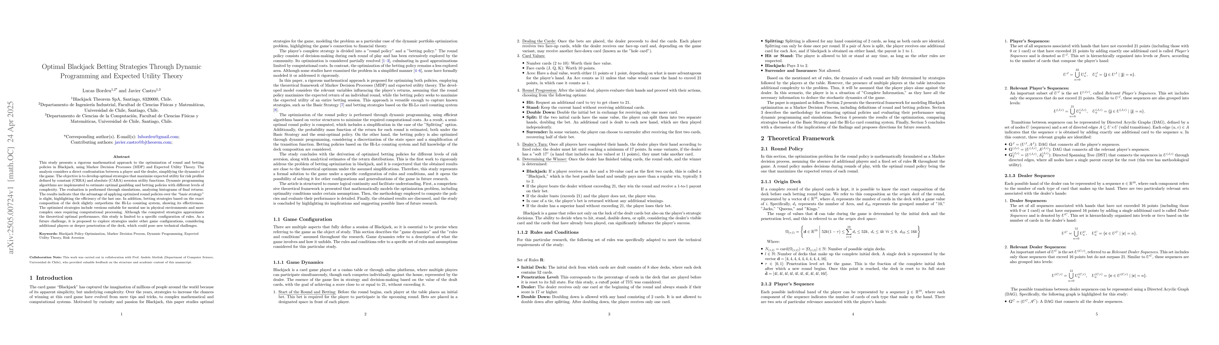 Thumbnail for Optimal Blackjack Betting Strategies Through Dynamic Programming and
  Expected Utility Theory