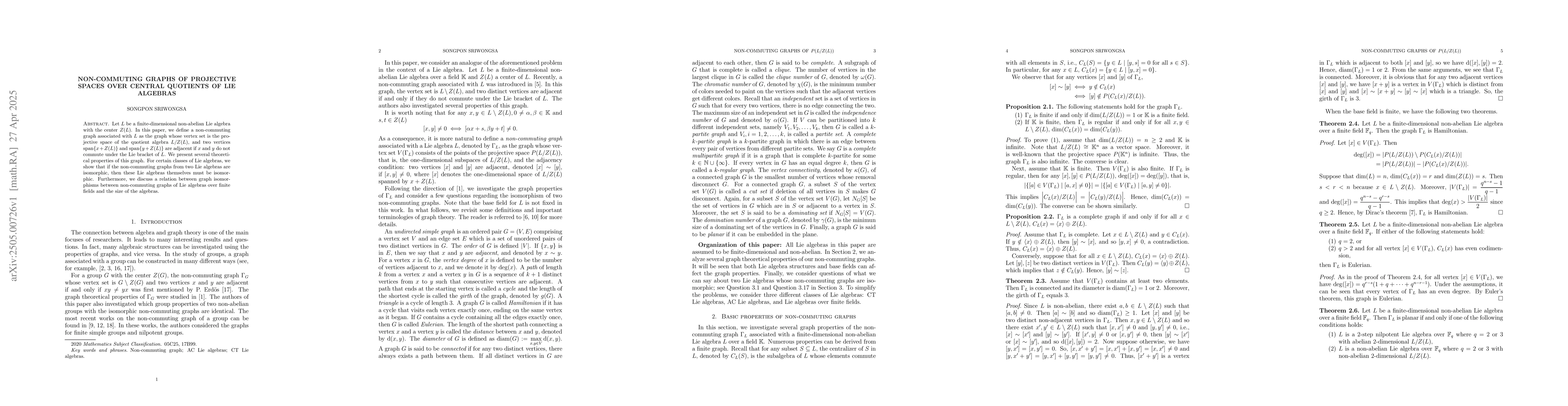 Thumbnail for Non-commuting graphs of projective spaces over central quotients of Lie
  algebras