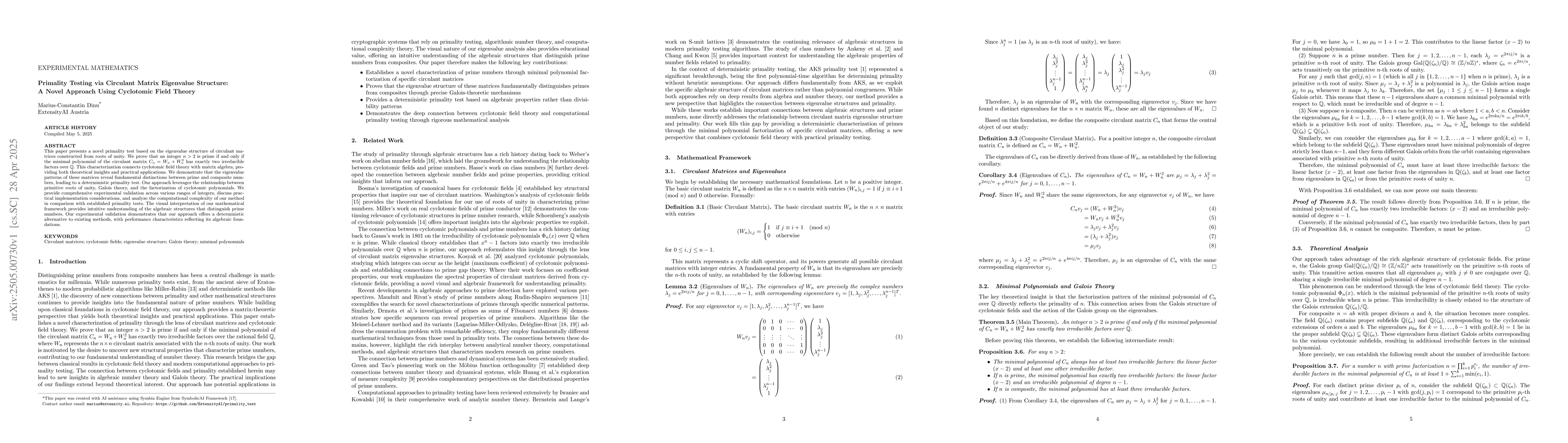 Thumbnail for Primality Testing via Circulant Matrix Eigenvalue Structure: A Novel
  Approach Using Cyclotomic Field Theory