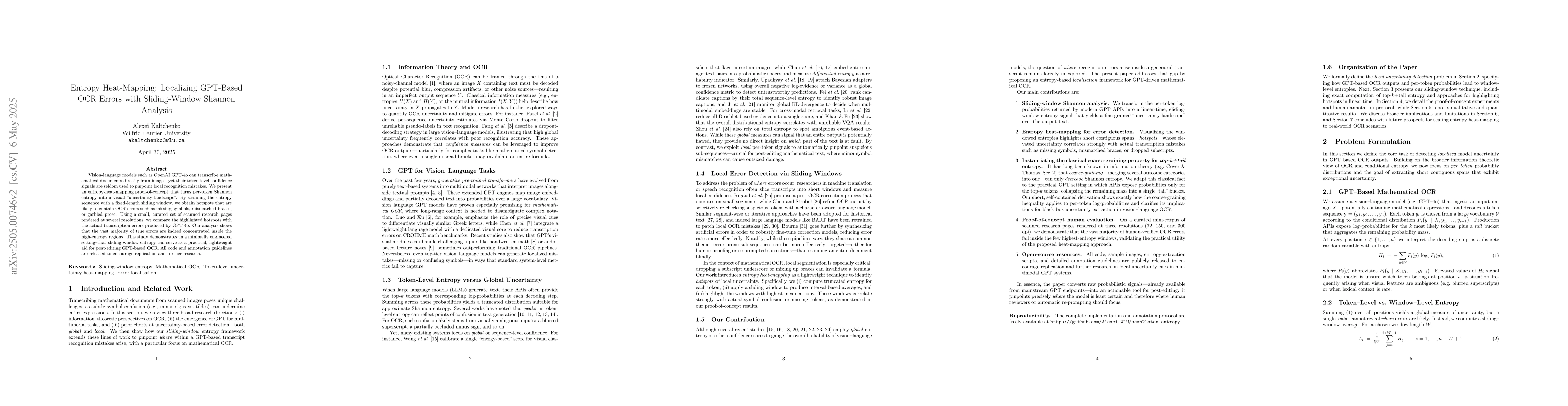 Thumbnail for Entropy Heat-Mapping: Localizing GPT-Based OCR Errors with
  Sliding-Window Shannon Analysis