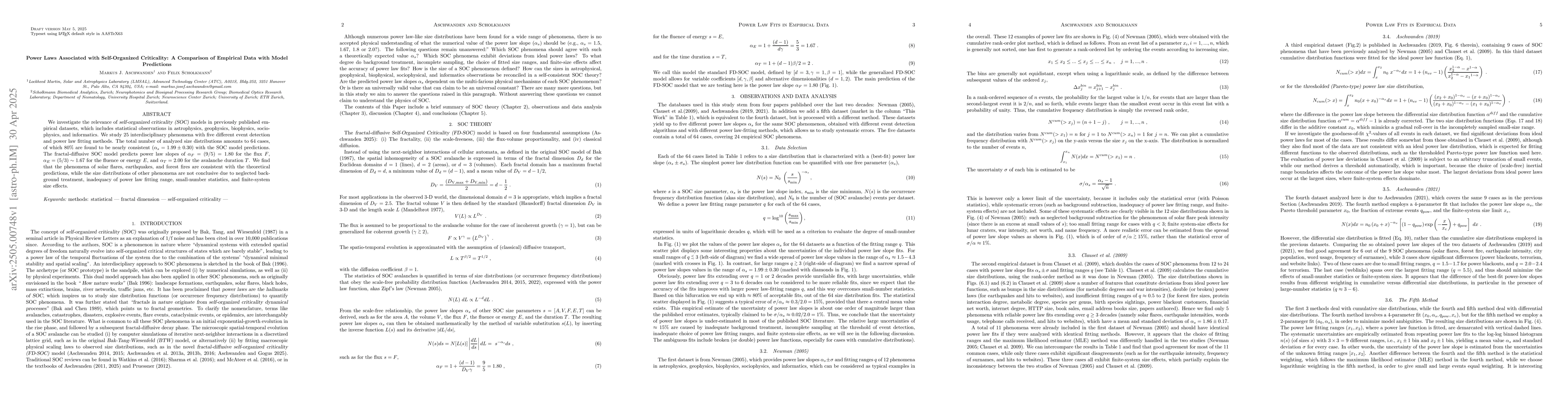 Thumbnail for Power Laws Associated with Self-Organized Criticality: A Comparison of
  Empirical Data with Model Predictions