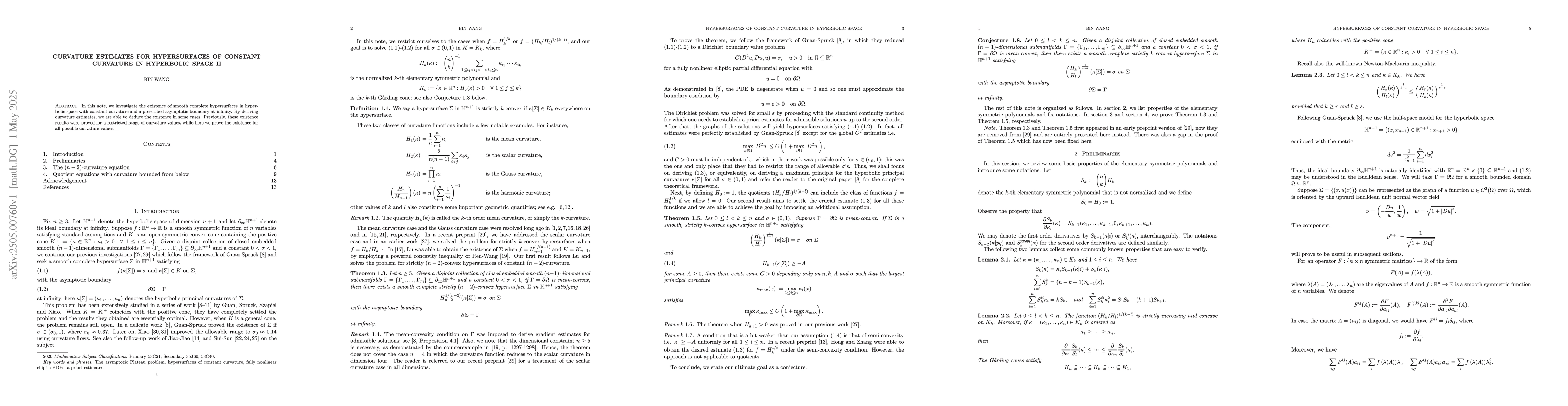 Thumbnail for Curvature estimates for hypersurfaces of constant curvature in
  hyperbolic space II