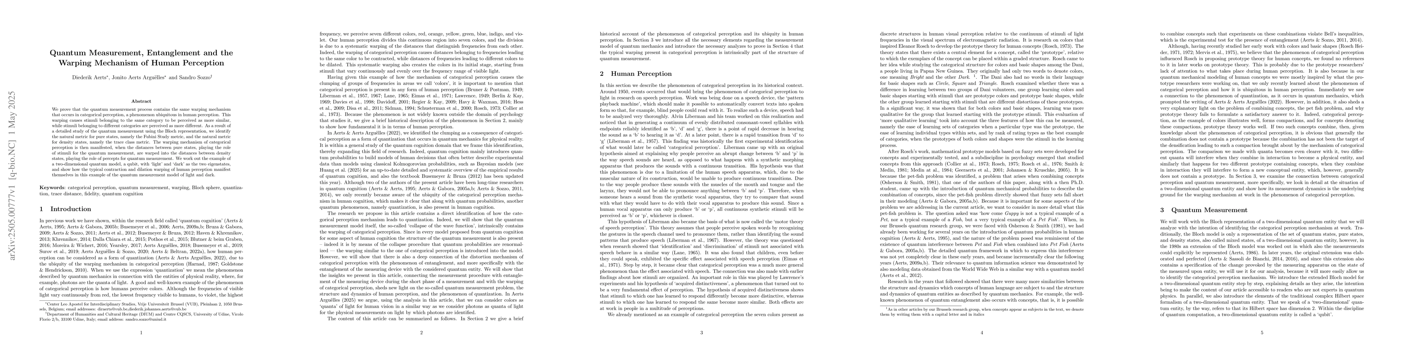 Thumbnail for Quantum Measurement, Entanglement and the Warping Mechanism of Human
  Perception