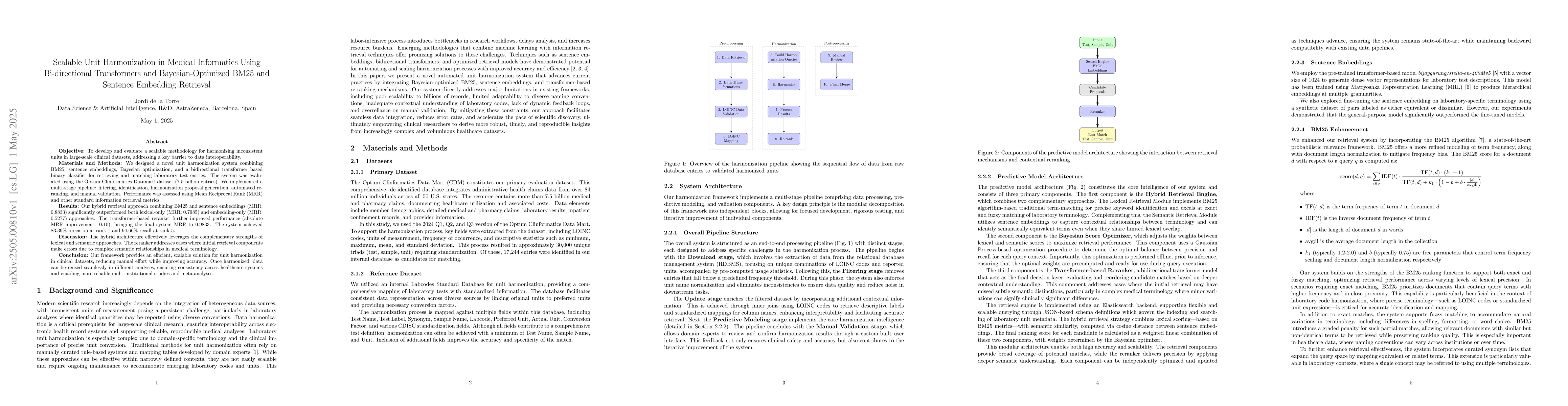 Thumbnail for Scalable Unit Harmonization in Medical Informatics Using Bi-directional
  Transformers and Bayesian-Optimized BM25 and Sentence Embedding Retrieval