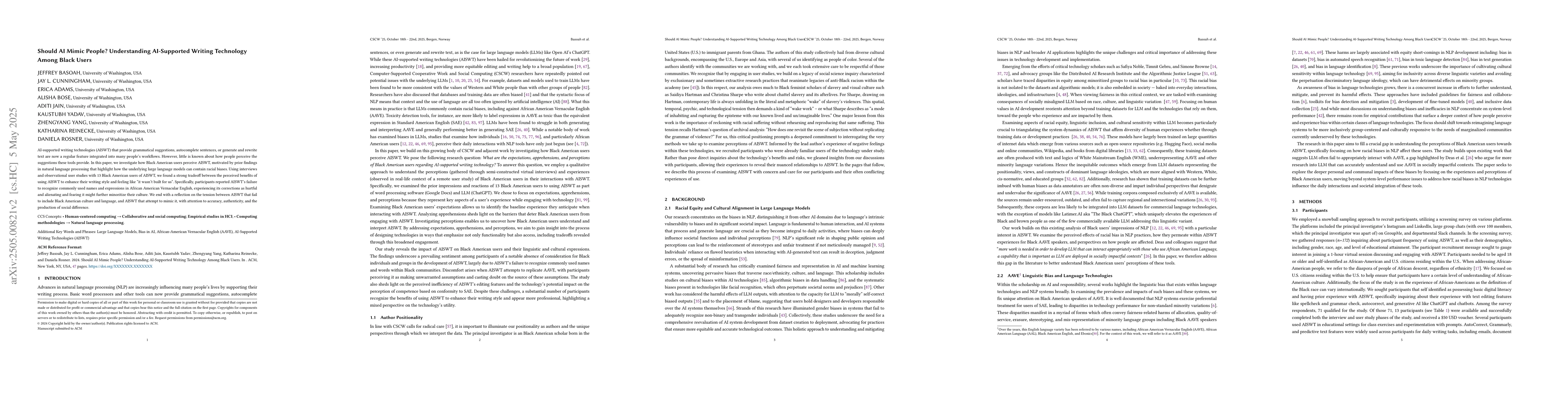 Thumbnail for Should AI Mimic People? Understanding AI-Supported Writing Technology
  Among Black Users