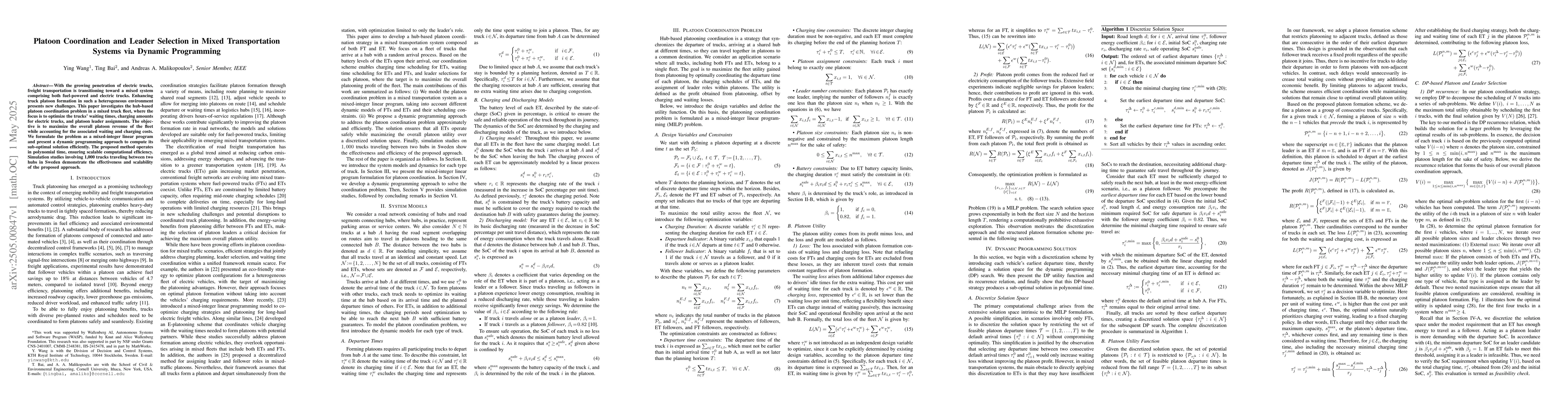 Thumbnail for Platoon Coordination and Leader Selection in Mixed Transportation
  Systems via Dynamic Programming