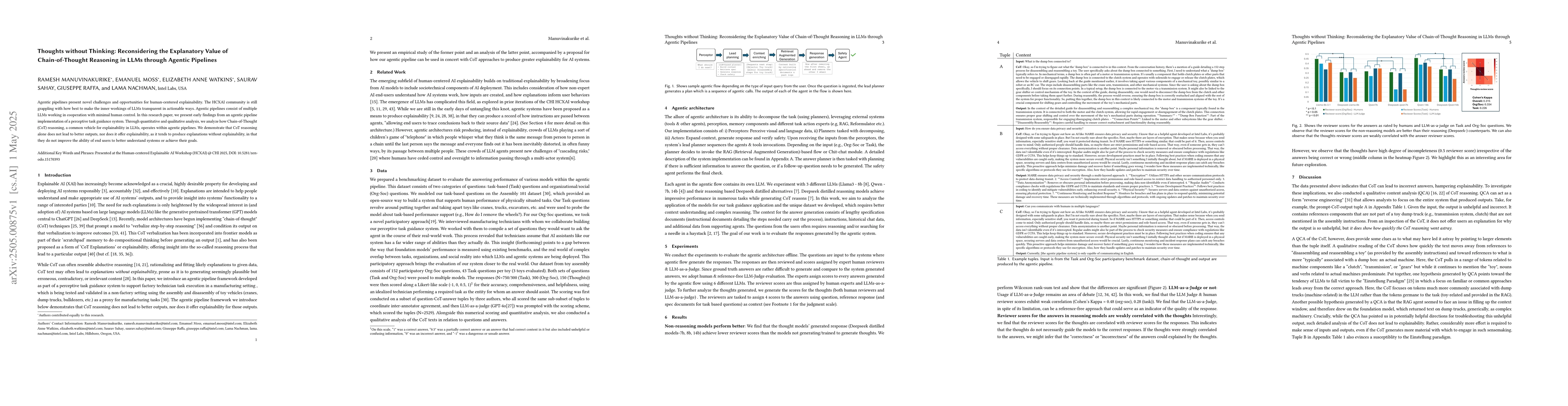 Thumbnail for Thoughts without Thinking: Reconsidering the Explanatory Value of
  Chain-of-Thought Reasoning in LLMs through Agentic Pipelines
