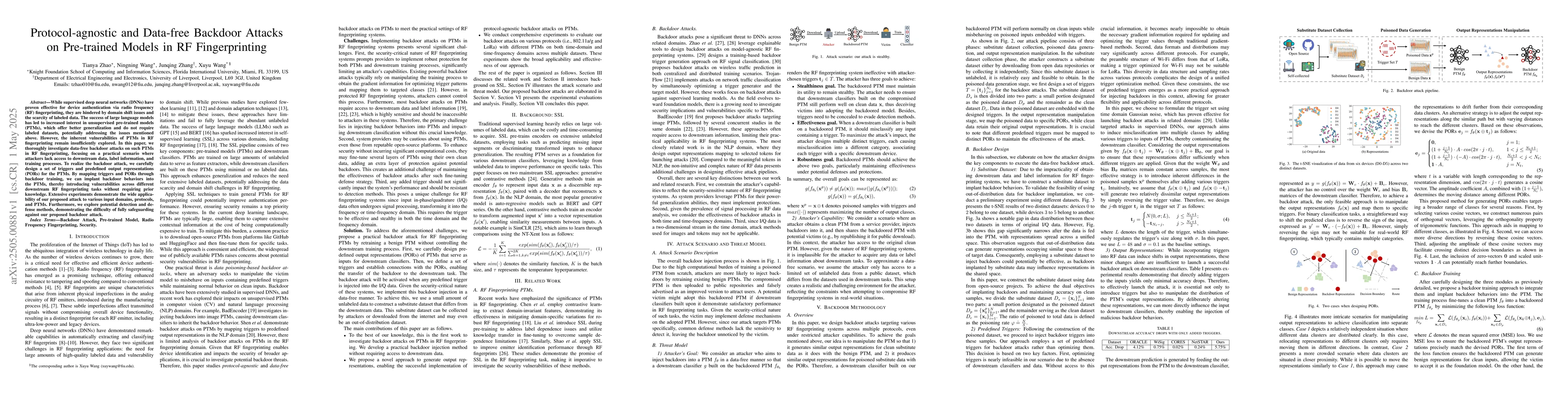 Thumbnail for Protocol-agnostic and Data-free Backdoor Attacks on Pre-trained Models
  in RF Fingerprinting