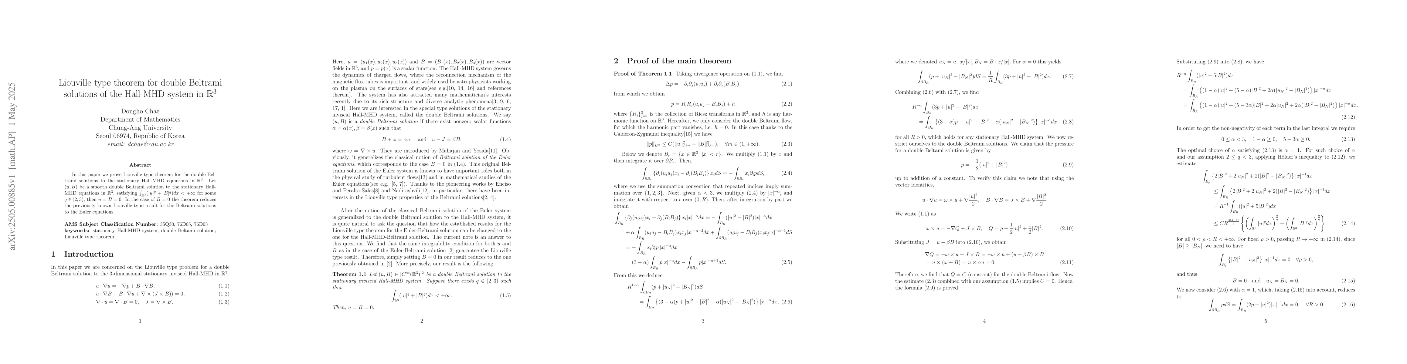 Thumbnail for Liouville type theorem for double Beltrami solutions of the Hall-MHD
  system in $\Bbb R^3$