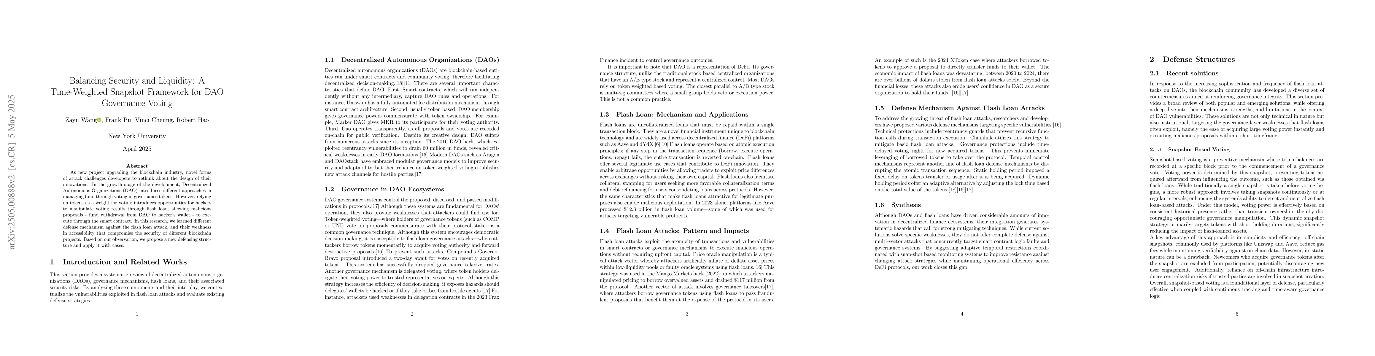 Thumbnail for Balancing Security and Liquidity: A Time-Weighted Snapshot Framework for
  DAO Governance Voting