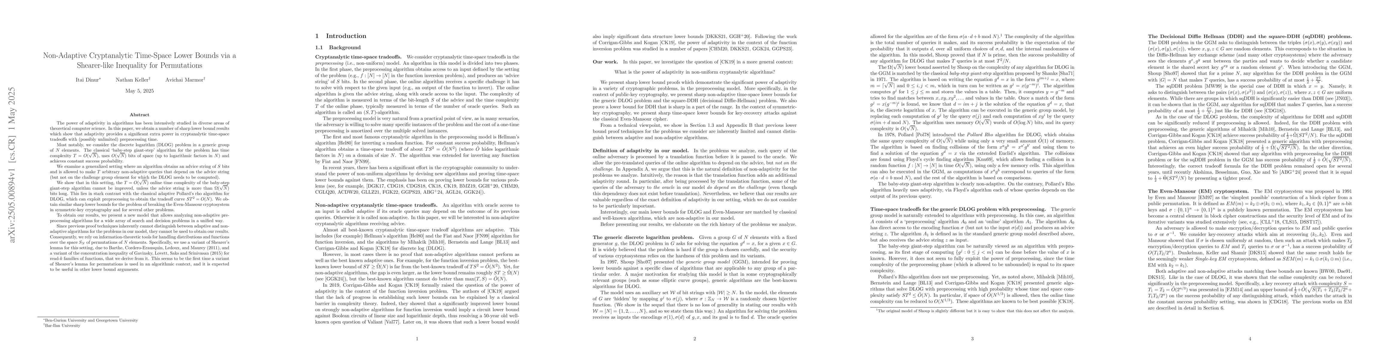 Thumbnail for Non-Adaptive Cryptanalytic Time-Space Lower Bounds via a Shearer-like
  Inequality for Permutations