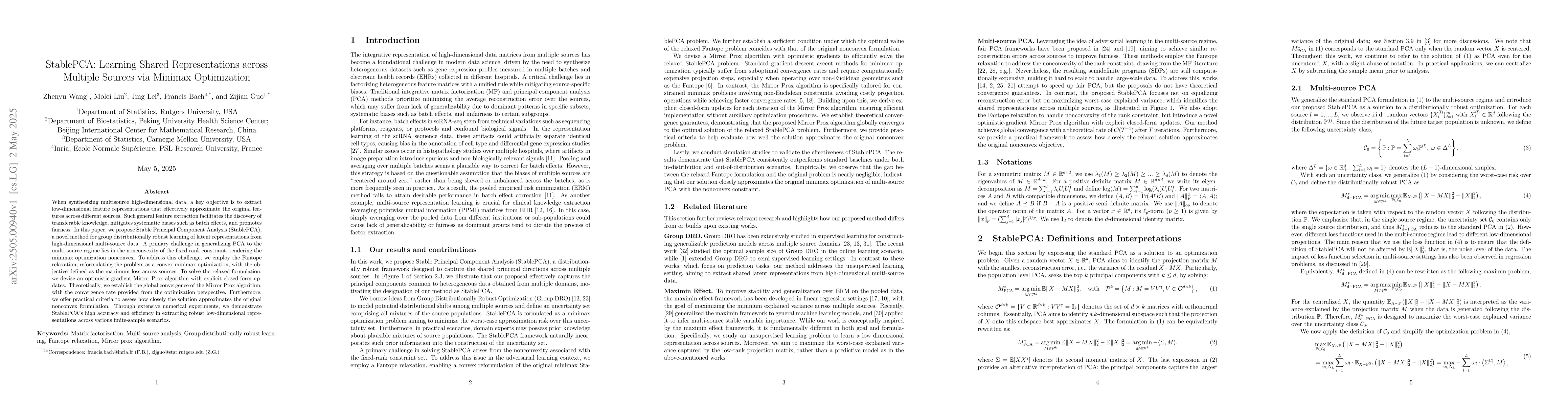 Thumbnail for StablePCA: Learning Shared Representations across Multiple Sources via
  Minimax Optimization