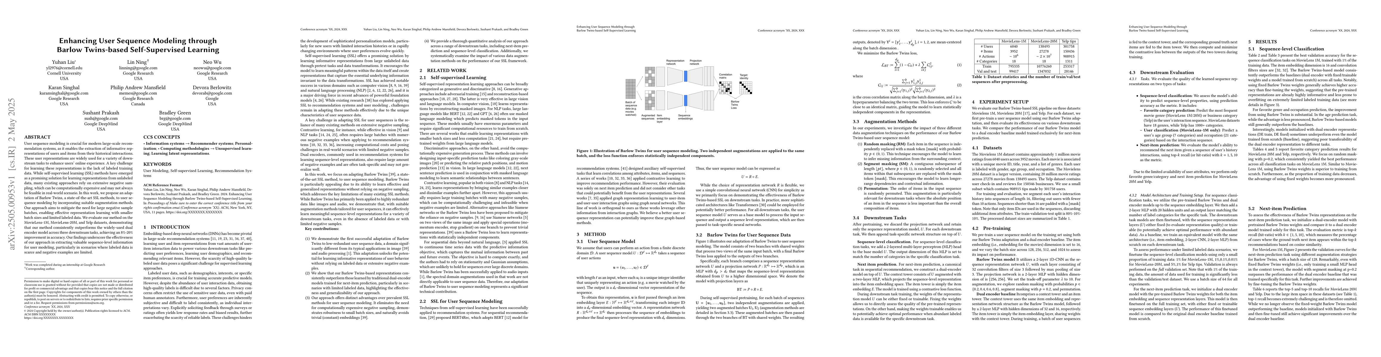 Thumbnail for Enhancing User Sequence Modeling through Barlow Twins-based
  Self-Supervised Learning